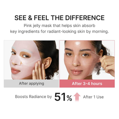 Pink jelly mask being applied to a woman's face with text highlighting its benefits.
