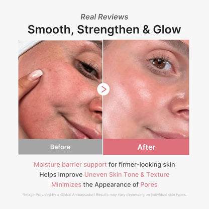Before and after comparison of skin texture with text highlighting product benefits.