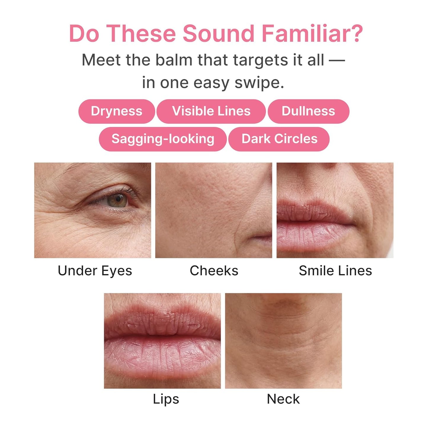 Cosmetic product advertisement targeting dryness, visible lines, dullness, sagging, and dark circles on skin.