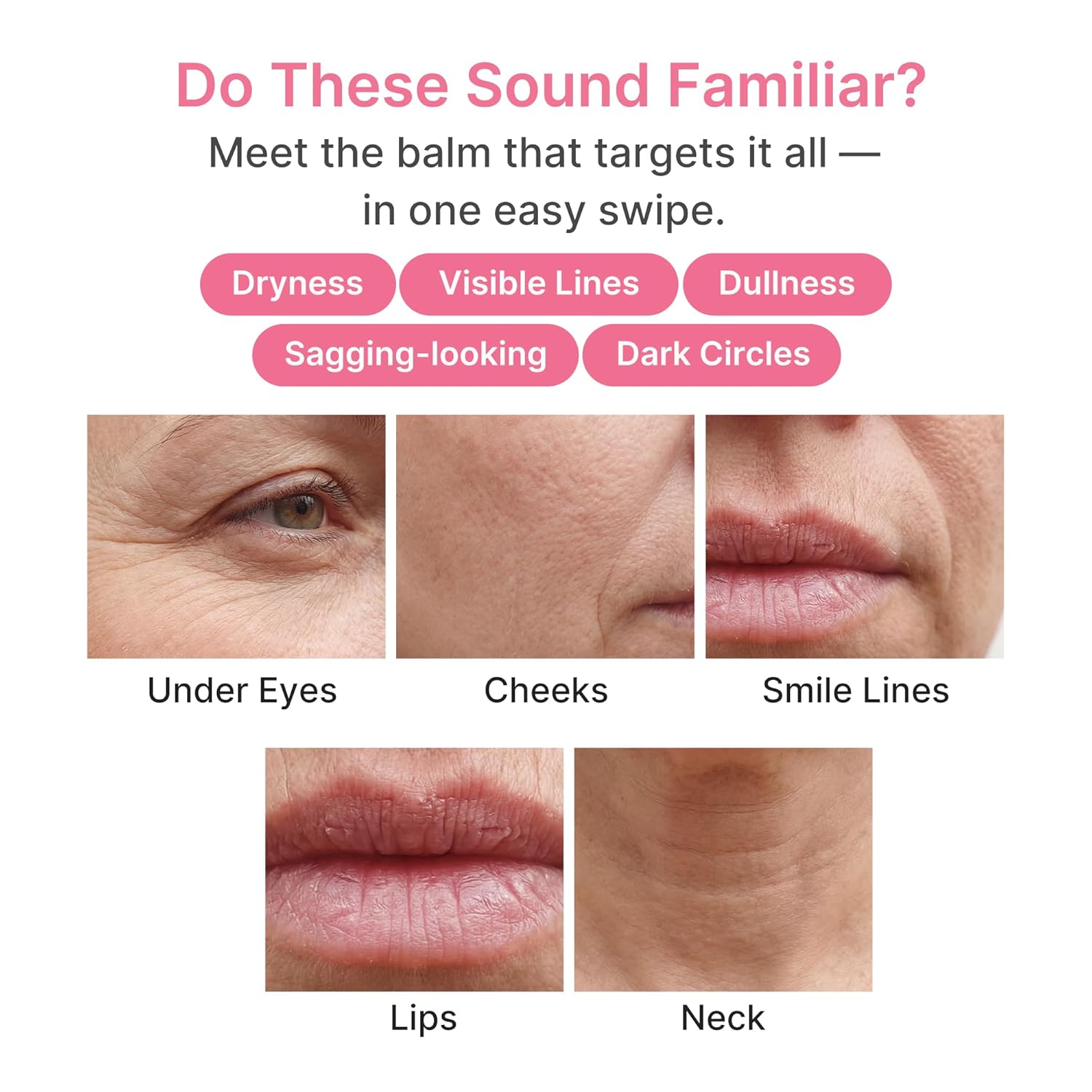 Cosmetic product advertisement targeting dryness, visible lines, dullness, sagging, and dark circles on skin.