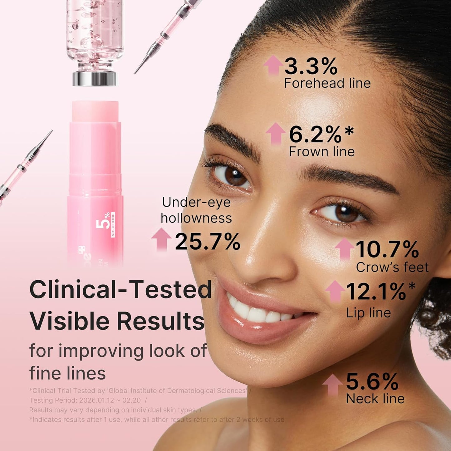 Woman's face with skincare product and text on a pink background