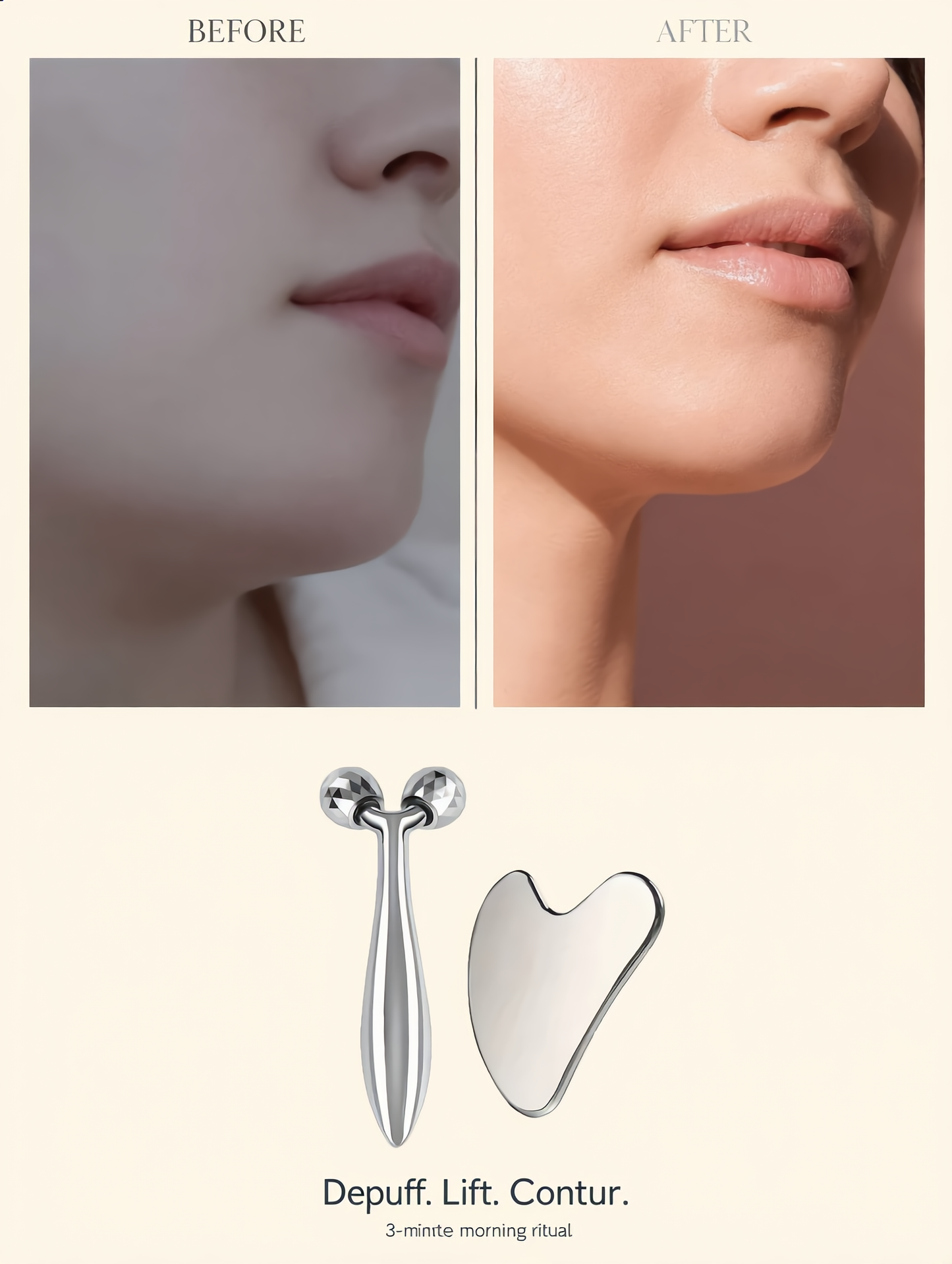 Before and after comparison of a facial treatment with a roller and gua sha tool displayed below.