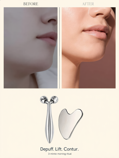 Before and after comparison of a facial treatment with a roller and gua sha tool displayed below.
