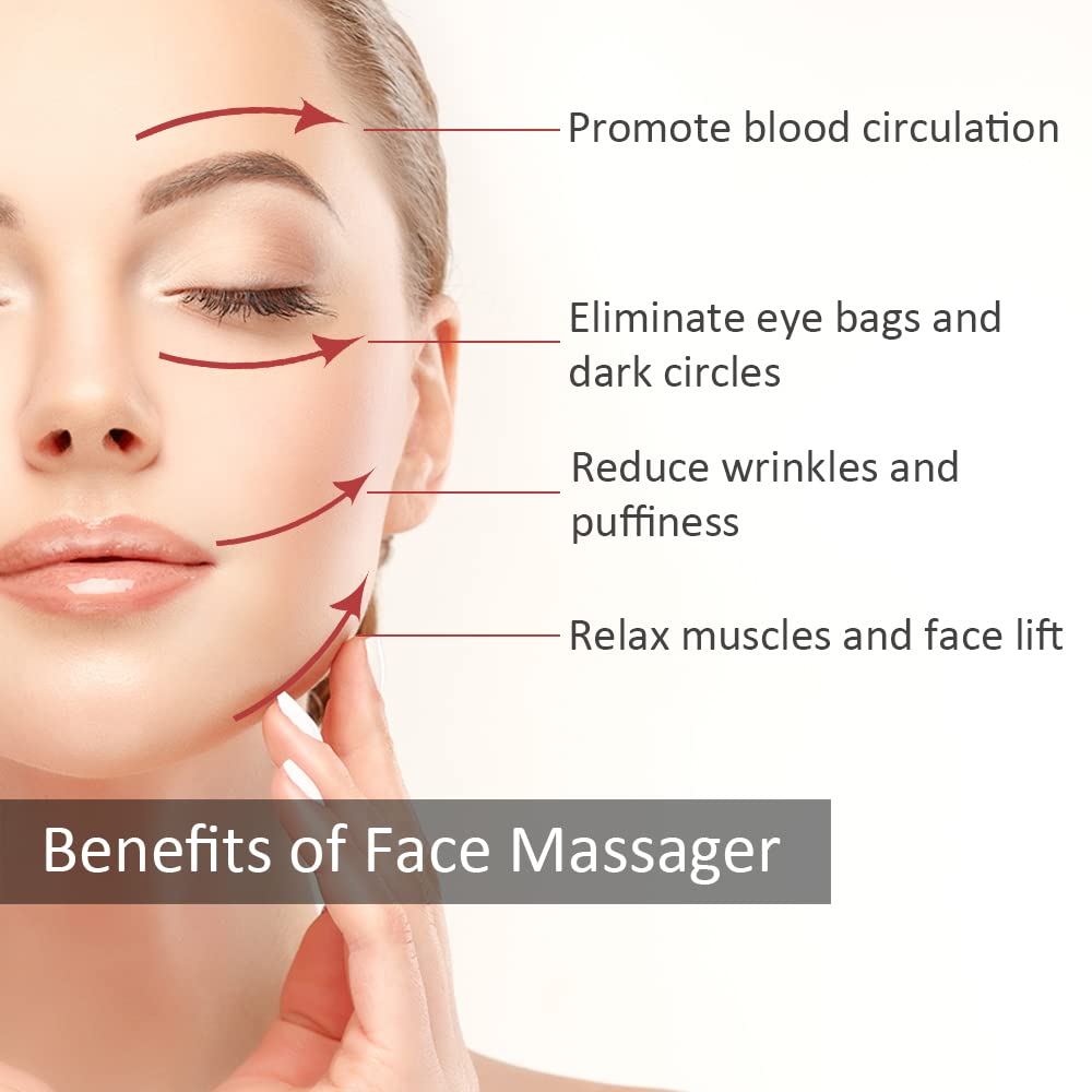 Benefits of using a face massager on a woman's face with text labels.