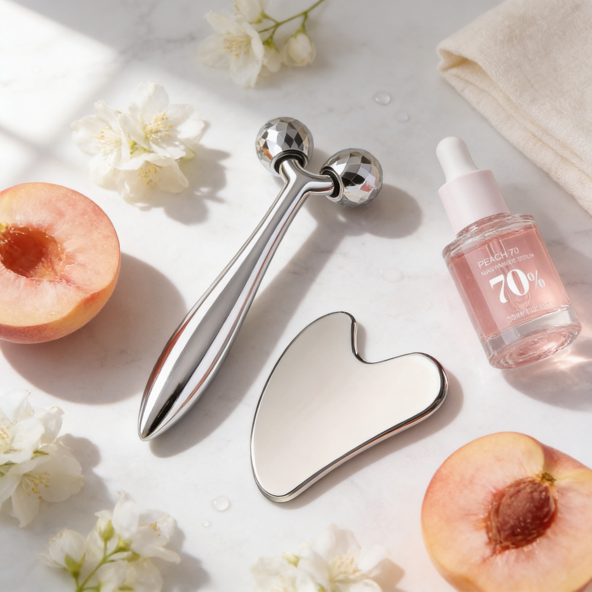 Skincare tools including a roller, gua sha tool, and serum bottle on a light surface with peaches and flowers.