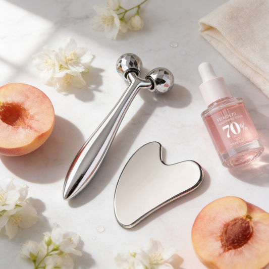 Skincare tools including a roller, gua sha tool, and serum bottle on a light surface with peaches and flowers.