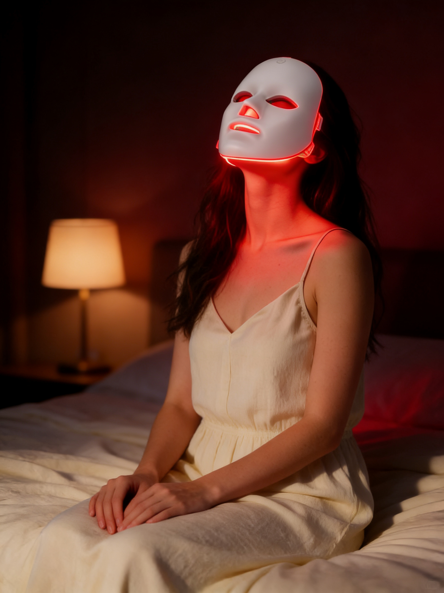 Person wearing a LED face mask in a dimly lit room