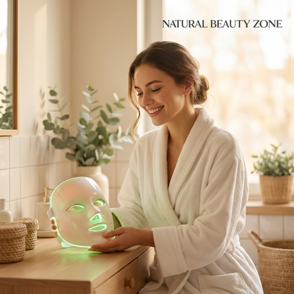Woman in a white robe holding a glowing face mask in a bathroom setting with 'Natural Beauty Zone' text.