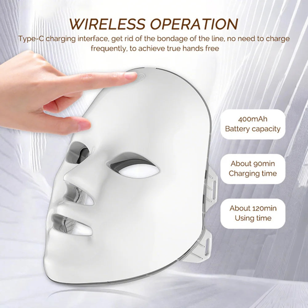 White LED face mask with hand holding it, displaying wireless operation features.
