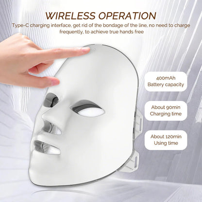 White LED face mask with hand holding it, displaying wireless operation features.
