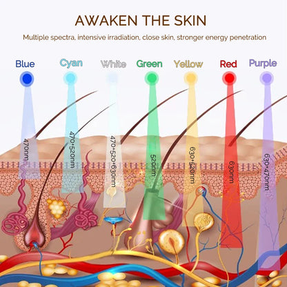 Diagram of skin layers with colored light beams and wavelengths, labeled 'Awaken the Skin'.