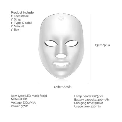 White LED face mask with specifications on a white background