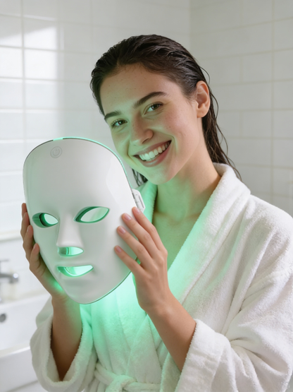 Woman wearing a white LED face mask with green lights in a bathroom setting