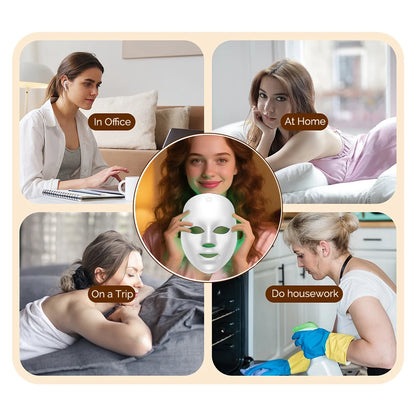 Collage of a woman using a facial mask in various settings.