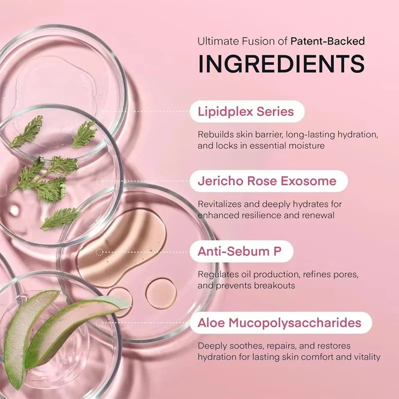 Cosmetic product with text detailing patent-backed ingredients on a pink background