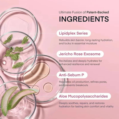 Cosmetic product with text detailing patent-backed ingredients on a pink background