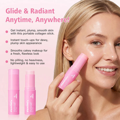 Woman applying a pink collagen stick to her face with product packaging displayed.