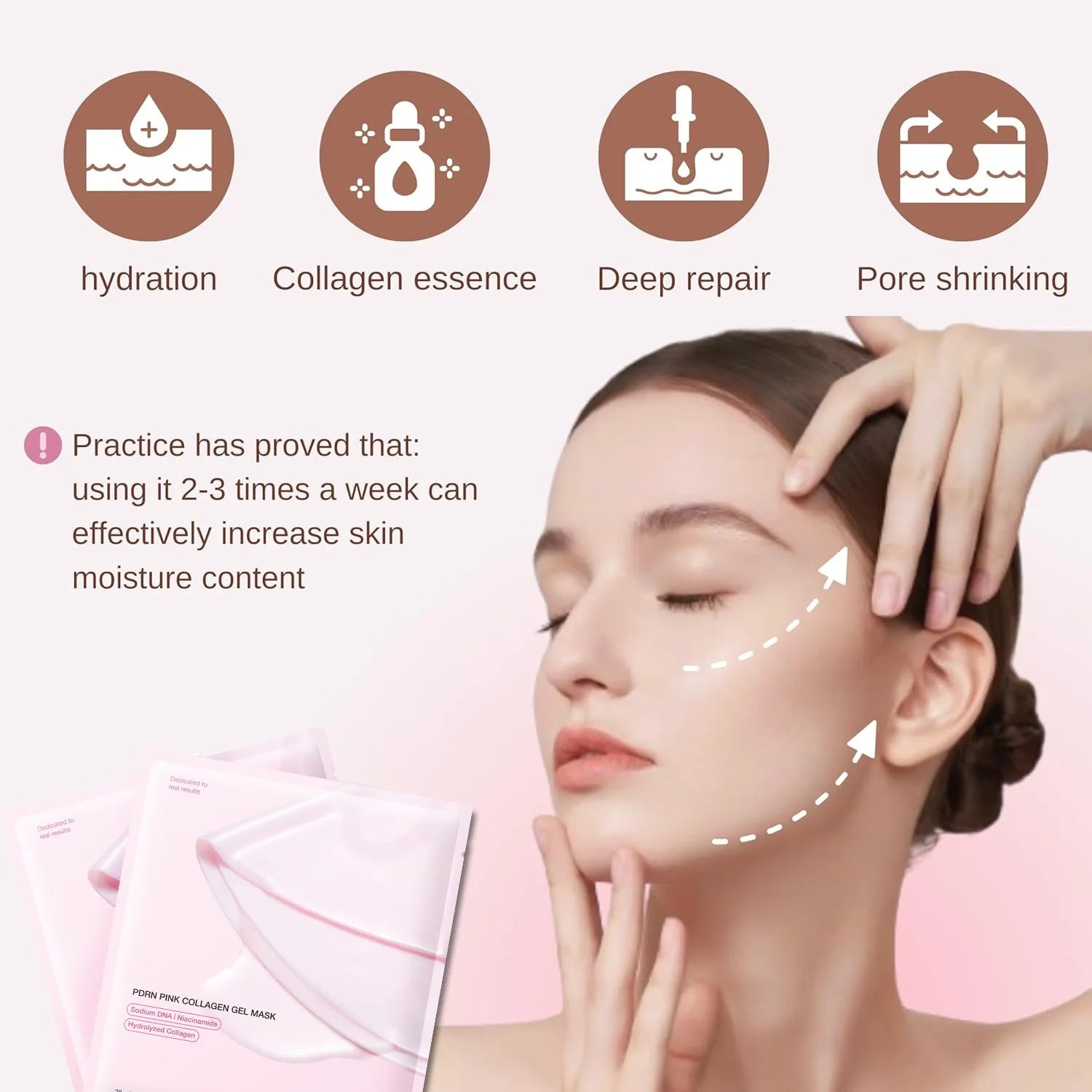 Woman with skincare product and icons for hydration, collagen essence, deep repair, and pore shrinking.