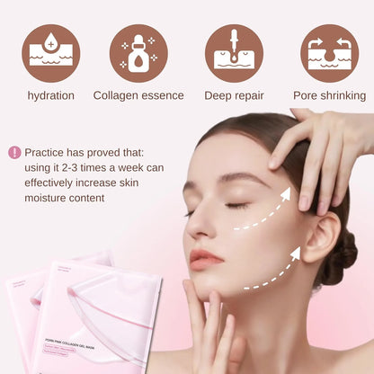 Woman with skincare product and icons for hydration, collagen essence, deep repair, and pore shrinking.