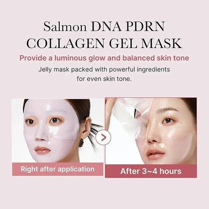 Salmon DNA PDRN Collagen Gel Mask advertisement with before and after effects on a light pink background.