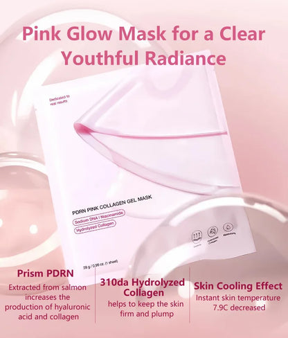 Pink glow mask with text highlighting its benefits on a pink background