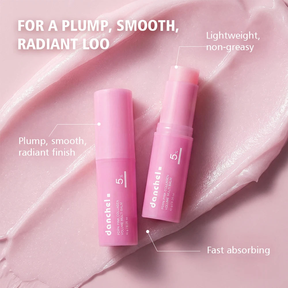 Pink lip balm with text on a pink background