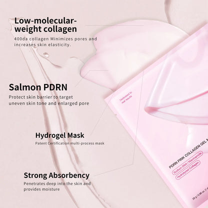 Pink hydrogel mask with text about collagen, PDRN, and benefits on a light background