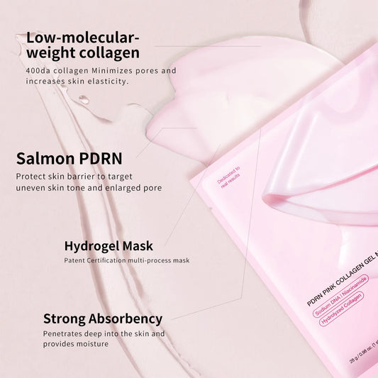 Pink hydrogel mask with text about collagen, PDRN, and benefits on a light background