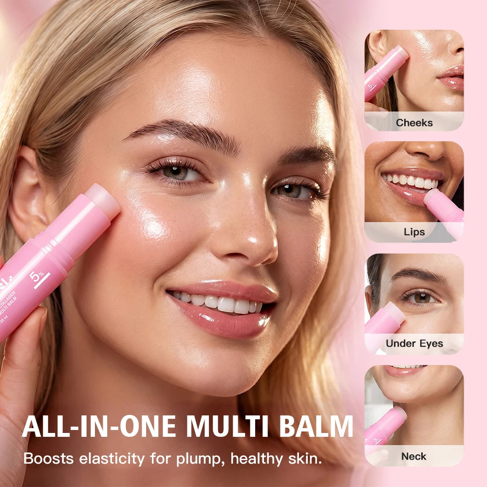 Woman applying a pink multi-balm to her face with product application areas shown.