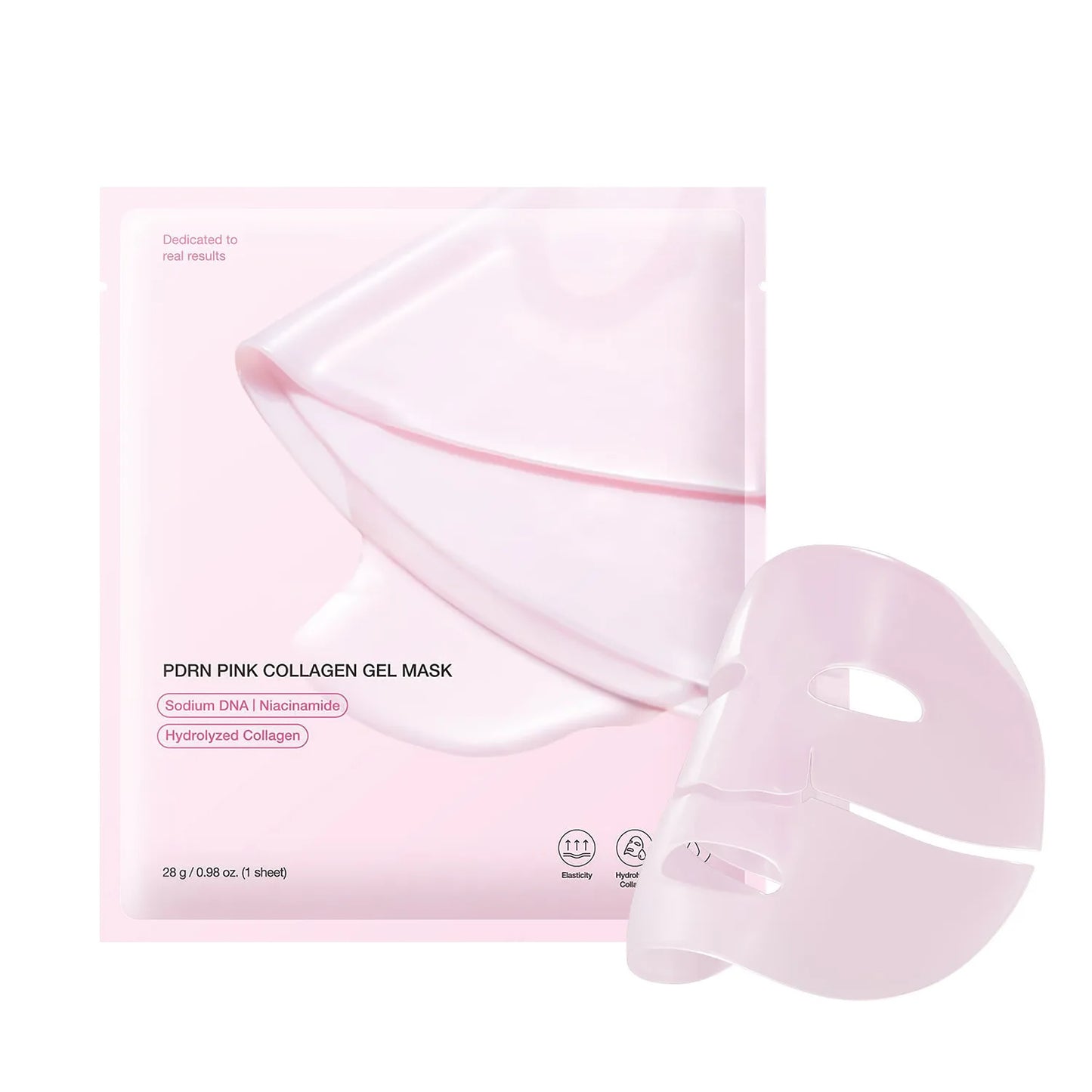 Pink collagen gel mask with packaging on a white background