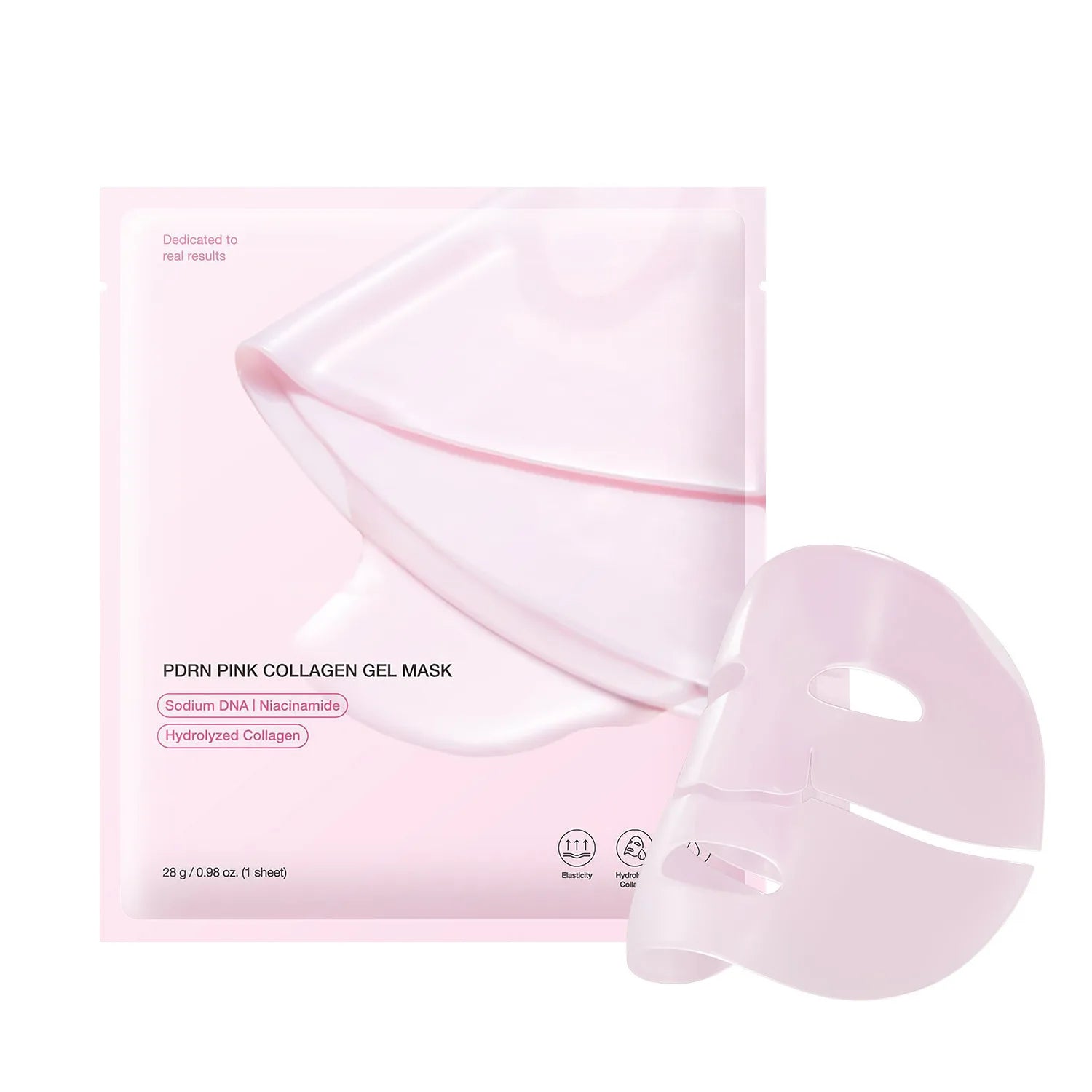 Pink collagen gel mask with packaging on a white background