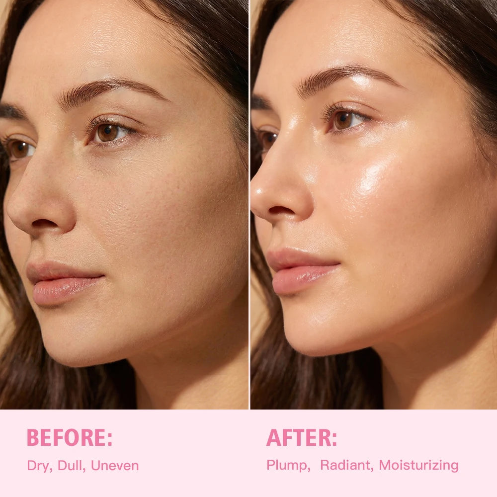 Before and after comparison of a woman's face with text indicating improvement in skin texture and moisture.