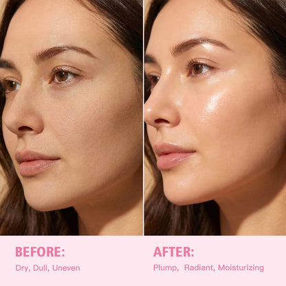 Before and after comparison of a woman's face with text indicating improvement in skin texture and moisture.