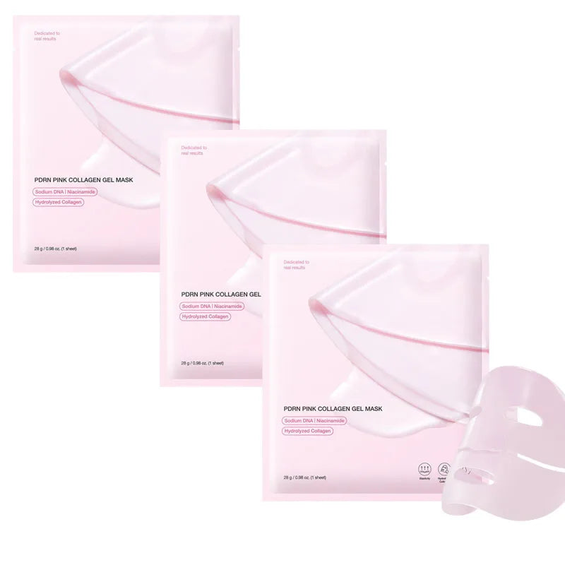 Pink collagen gel mask packaging on a white background