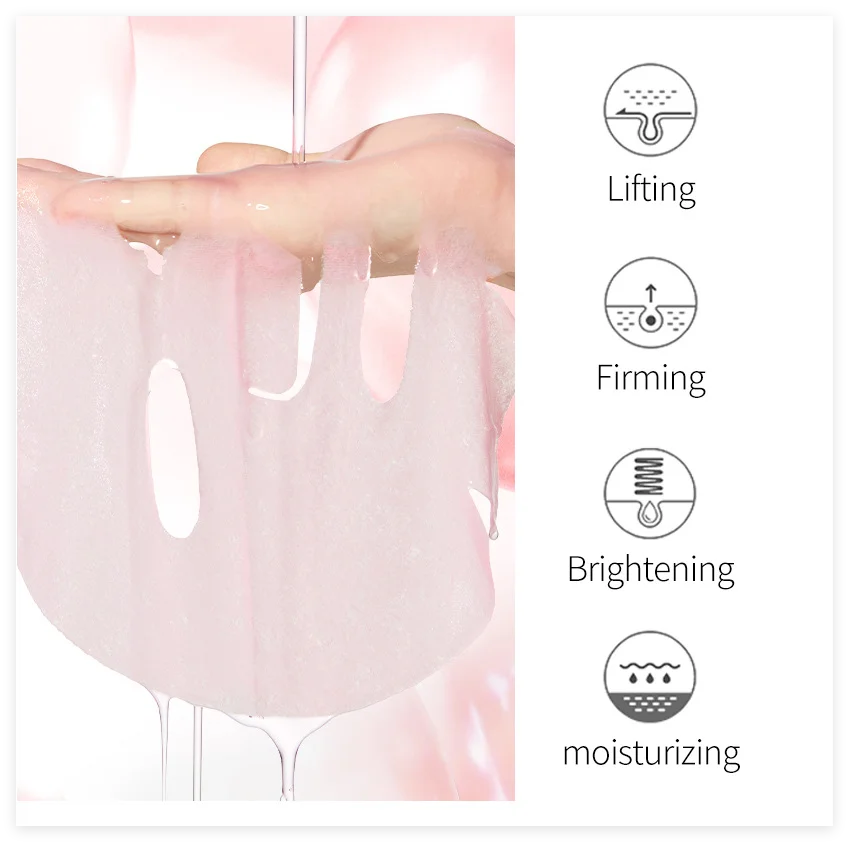 Pink silicone mask with icons and text indicating lifting, firming, brightening, and moisturizing effects.