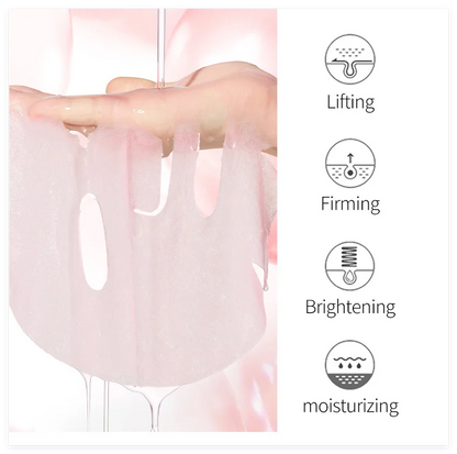 Pink silicone mask with icons and text indicating lifting, firming, brightening, and moisturizing effects.