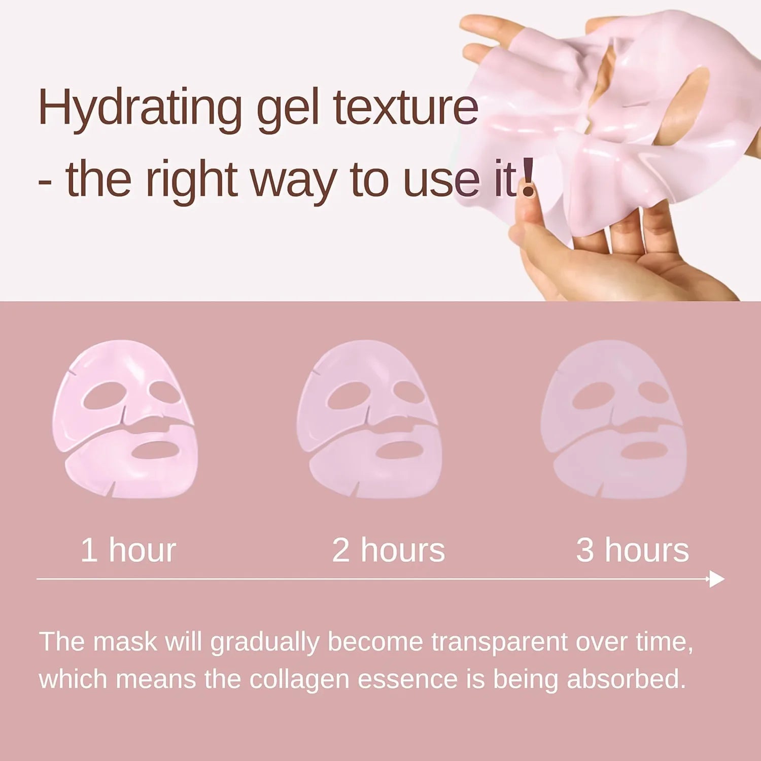 Collagen face mask with text on hydrating gel texture and usage instructions.