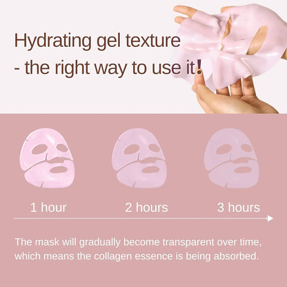 Collagen face mask with text on hydrating gel texture and usage instructions.