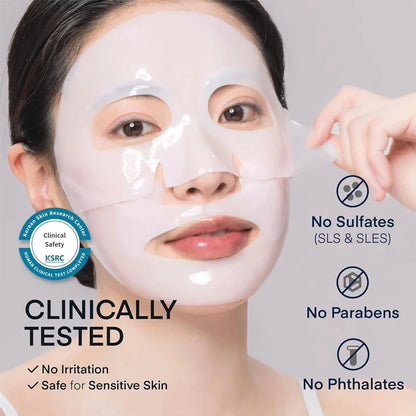 Woman applying a face mask with product safety features highlighted on a gray background