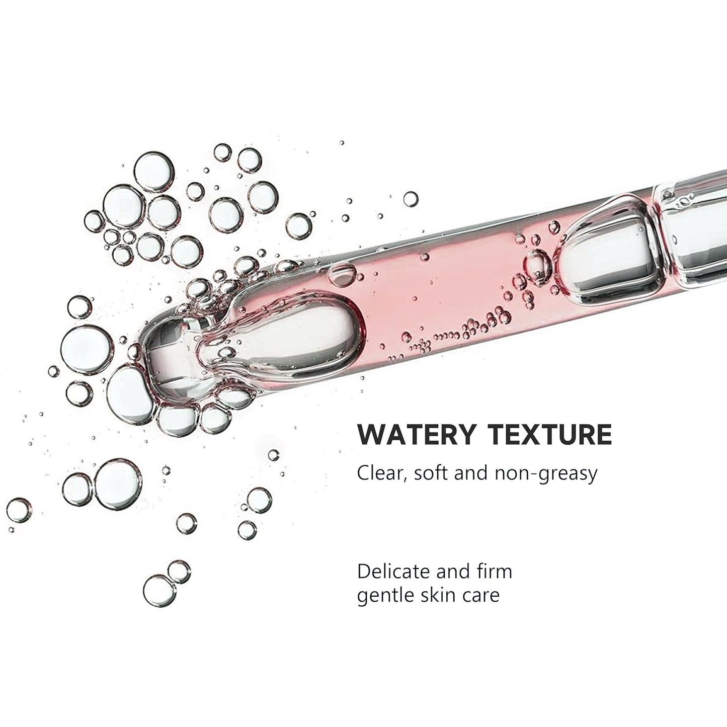 Pink skincare product with bubbles on a white background, labeled 'Watery Texture'.