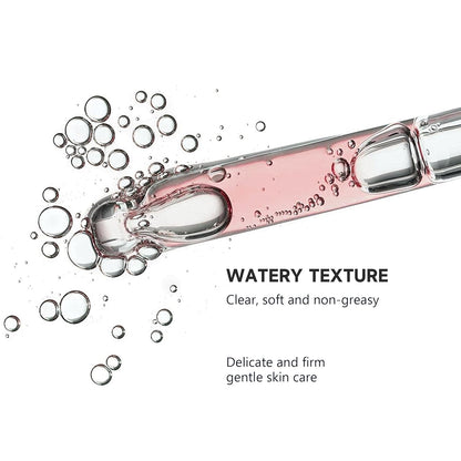 Pink skincare product with bubbles on a white background, labeled 'Watery Texture'.