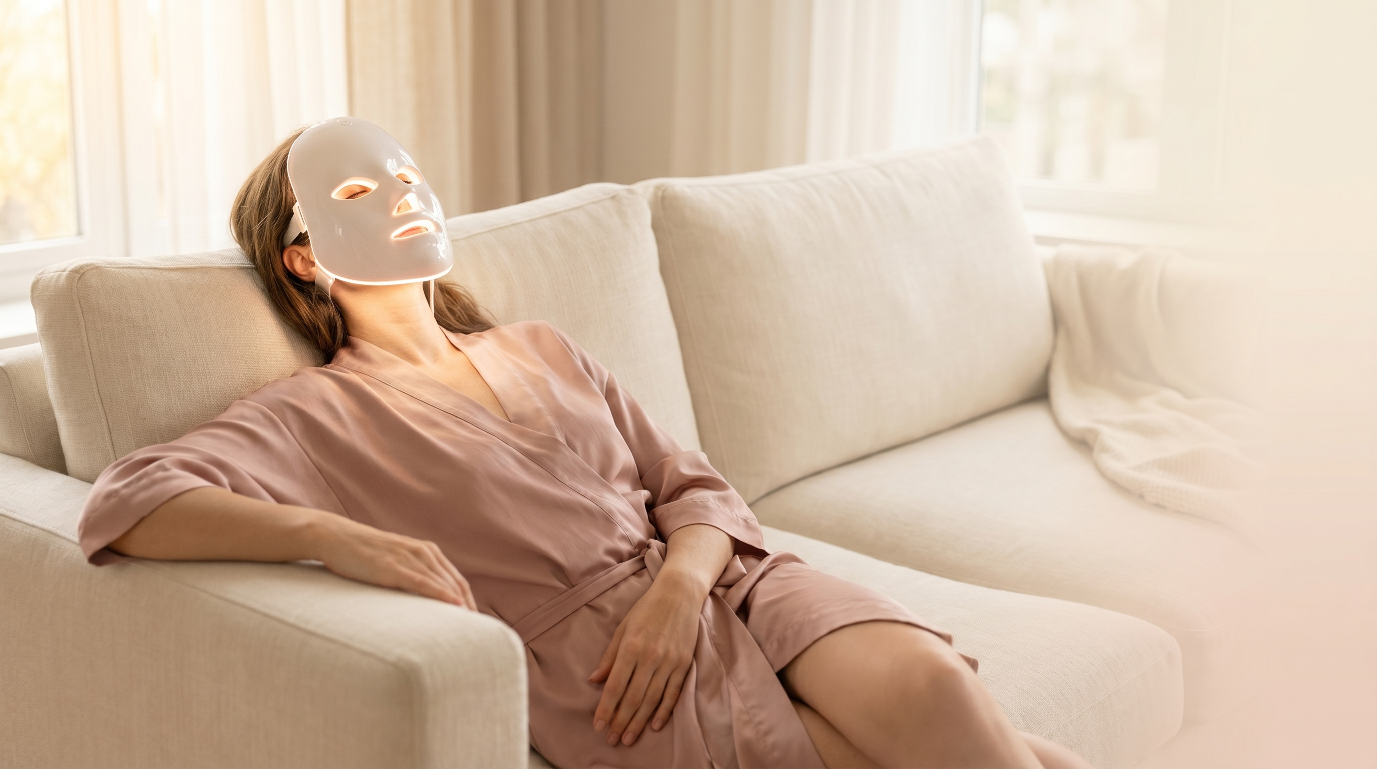 Woman wearing a light therapy mask on a couch in a bright room