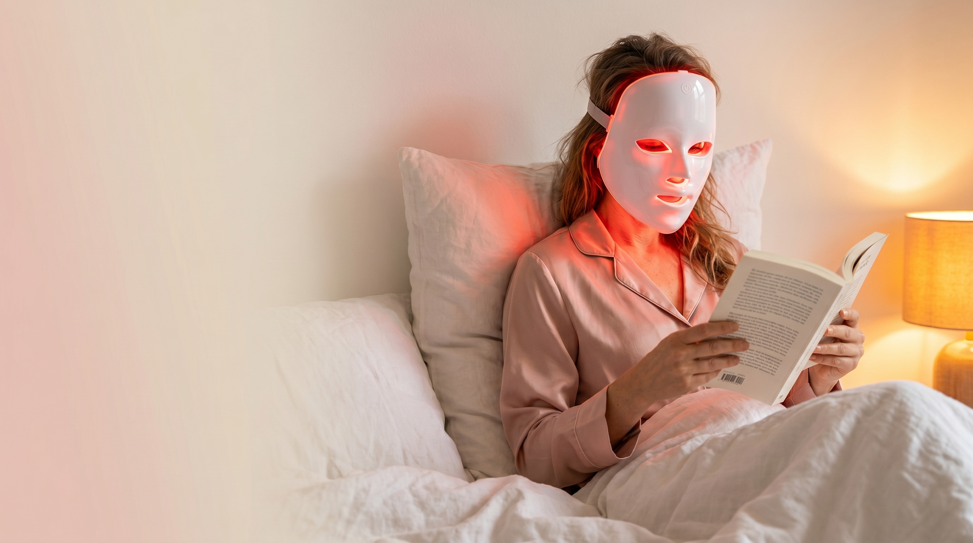 Person wearing a LED face mask while reading in bed