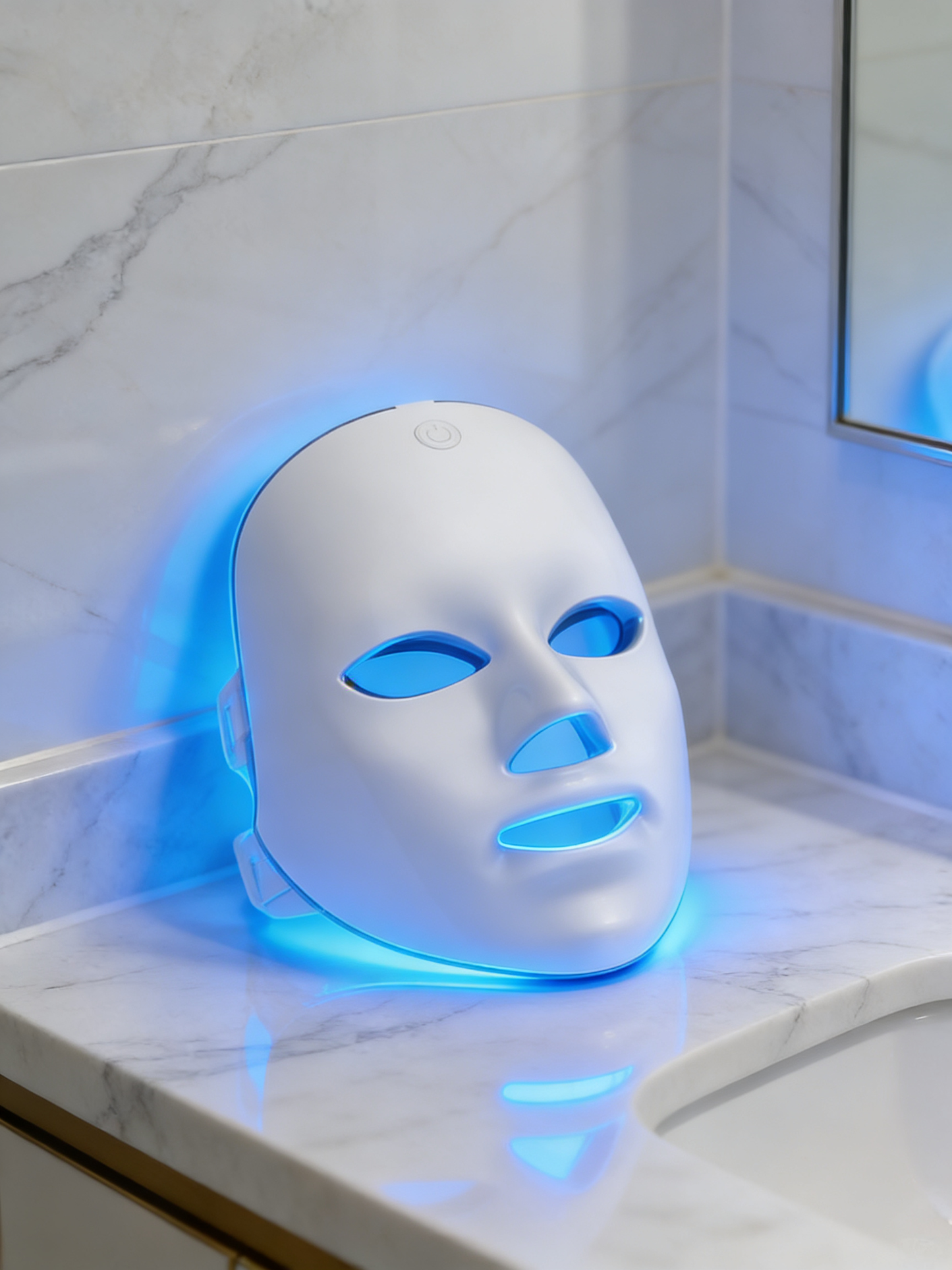 LED Mask on a white marble countertop.