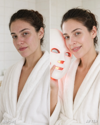 Before and after comparison of a woman using a LED face mask.