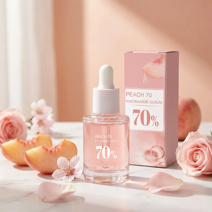 Peach 70% niacinamide serum bottle and packaging with peaches and flowers on a light background